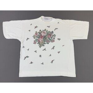 Vintage 90s Flower Roses Art AOP White Shirt Womens Large USA Made Rare